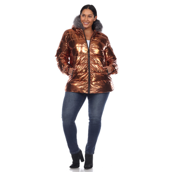 Plus Size Metallic Puffer Coat with Hoodie - Picture 3 of 5